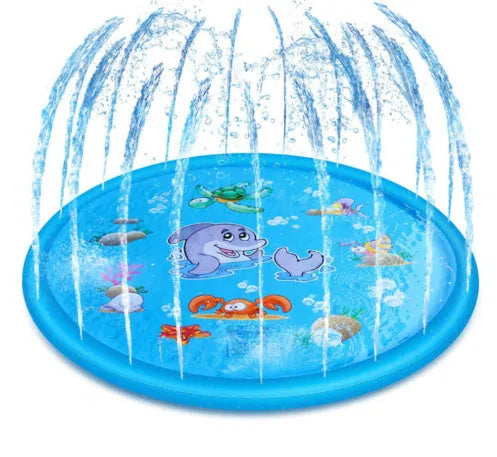 Blue PVC children's water spray play mat with marine animal designs laid flat on grass.