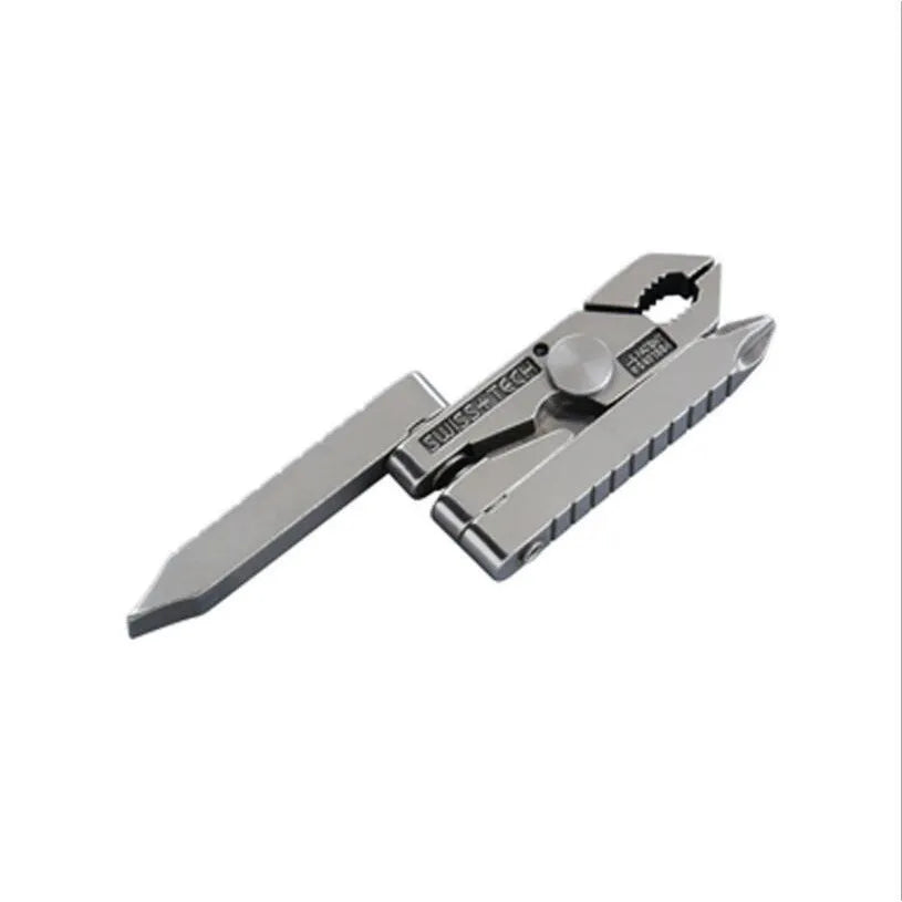 Silver multifunctional mini pliers in 420 stainless steel, closed length 47mm, expanded 82mm, on a plain background.