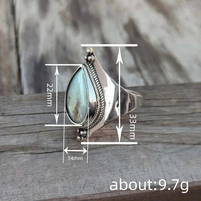 Ancient silver teardrop ring for women with copper electroplated band and stone-effect sticker, sizes 6-10