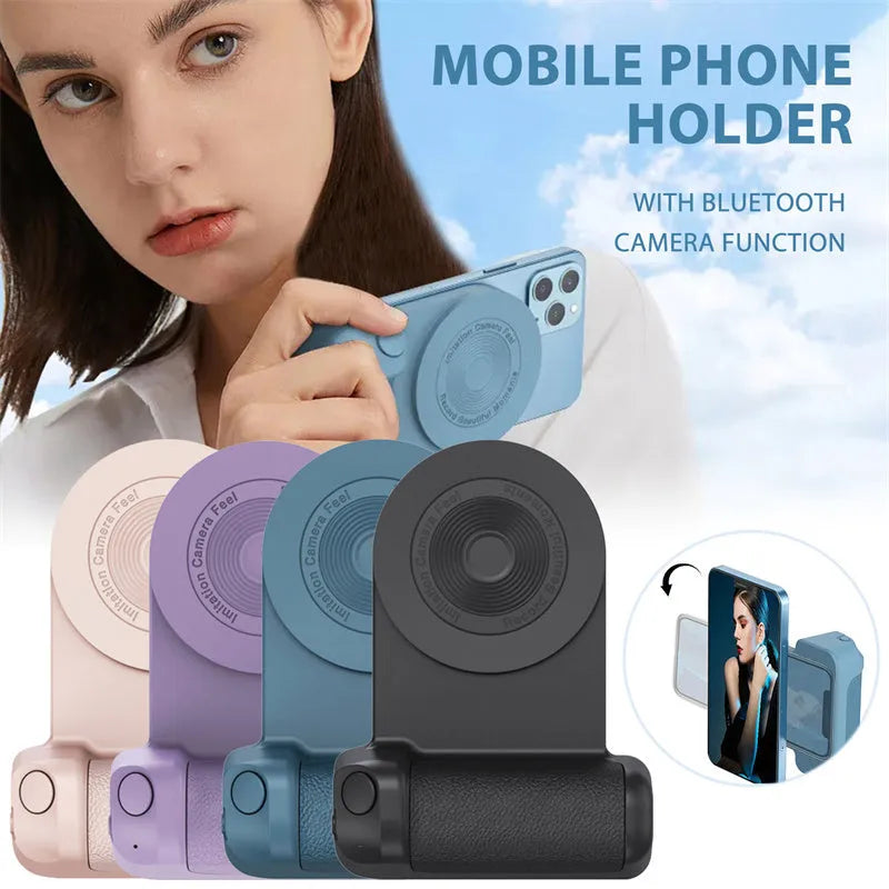 Black magnetic phone camera holder with rotatable grip and ergonomic PU leather handle