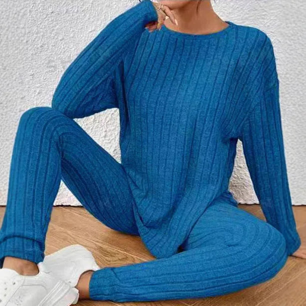Women's black sunken stripe polyester two-piece homewear set with short-sleeve top and trousers
