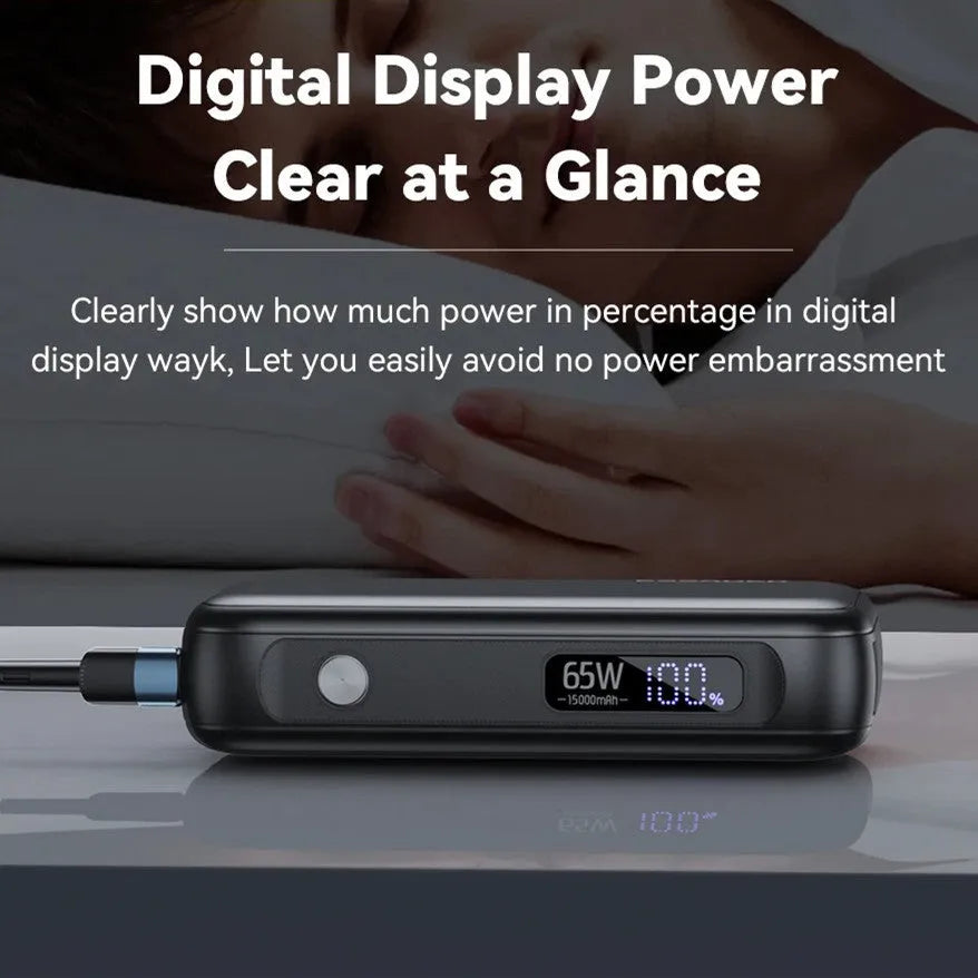 Black 15000mAh digital display power bank with USB-C and USB-A ports