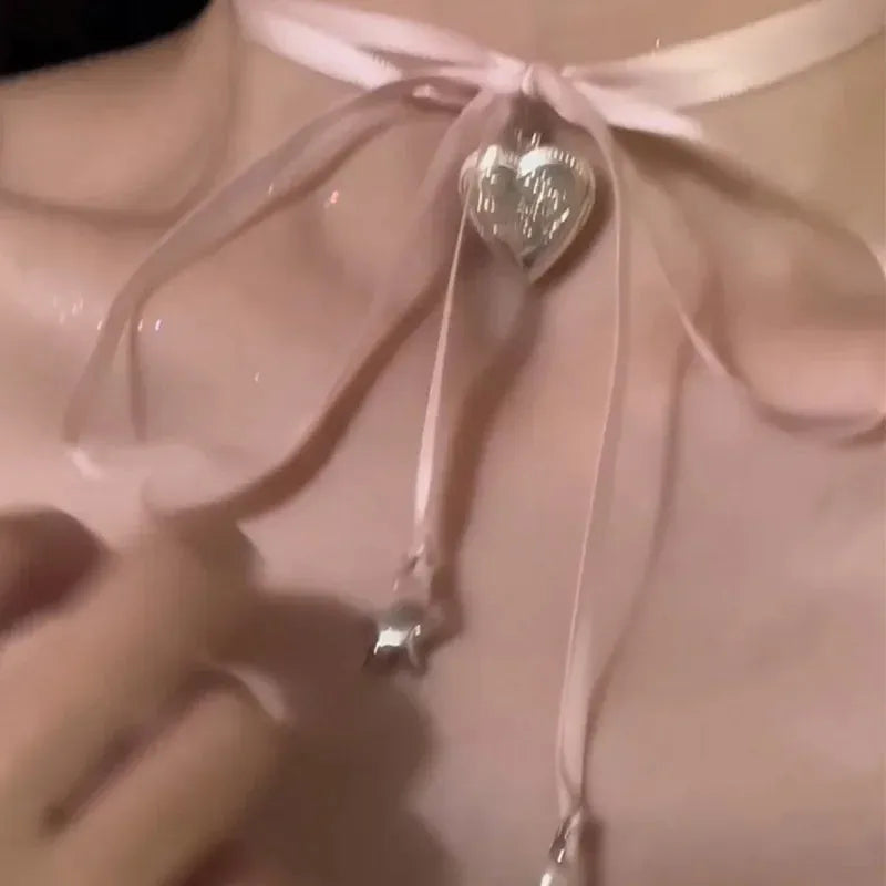 Women's ribbon love pendant fashion necklace in alloy metal with electroplated finish