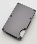 Slim aluminium alloy grey carbon fibre wallet with RFID blocking for cards.