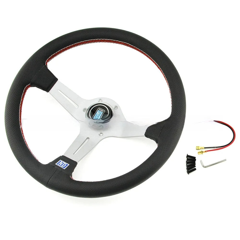 14-inch leather steering wheel with concave middle section, showing black leather and silver skeleton option.