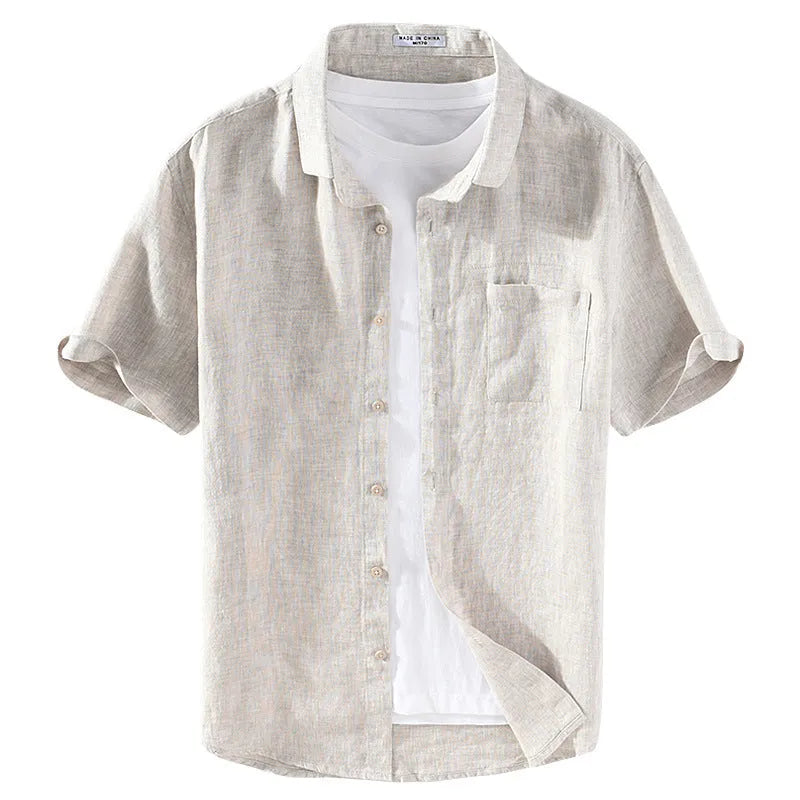 Men's linen short sleeve shirt with square collar in raw jute or grey colour options