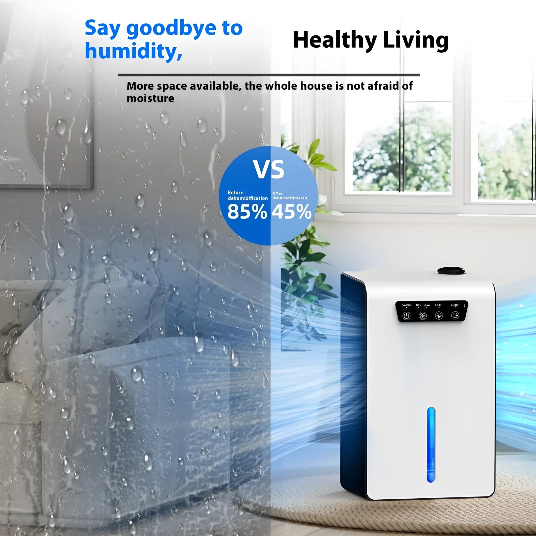 Milky white portable dehumidifier with water reservoir for bedroom moisture control