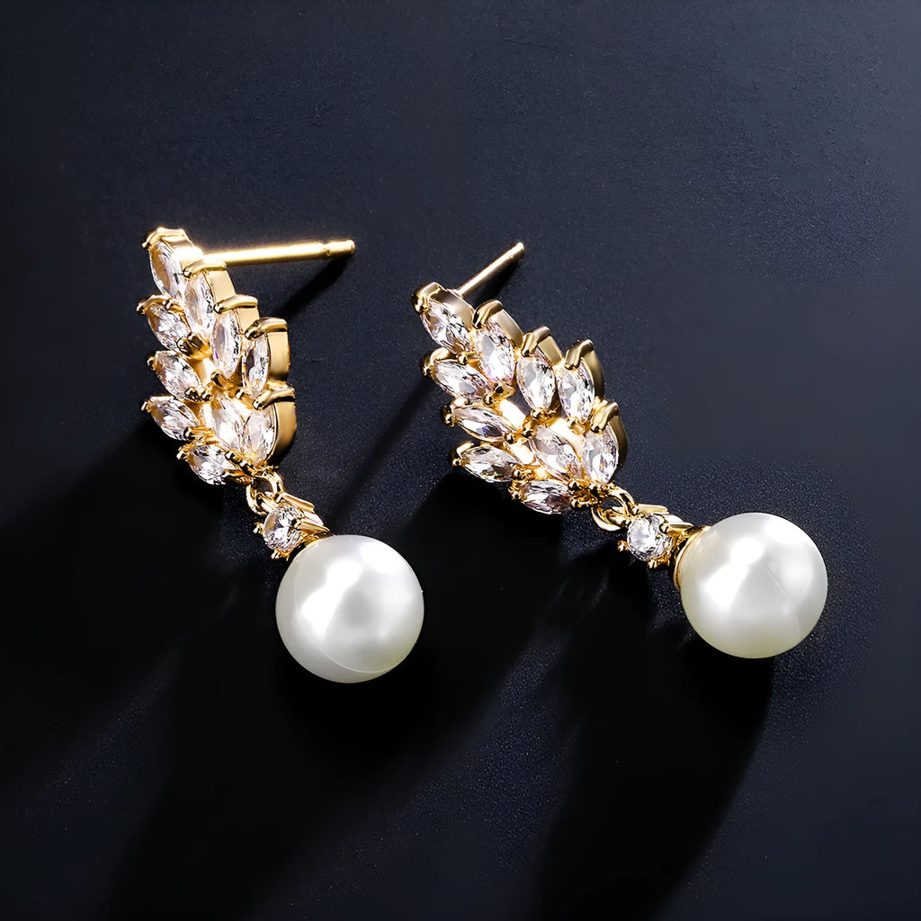 Geometric pearl earrings with micro inlaid zircon stones in gold plating