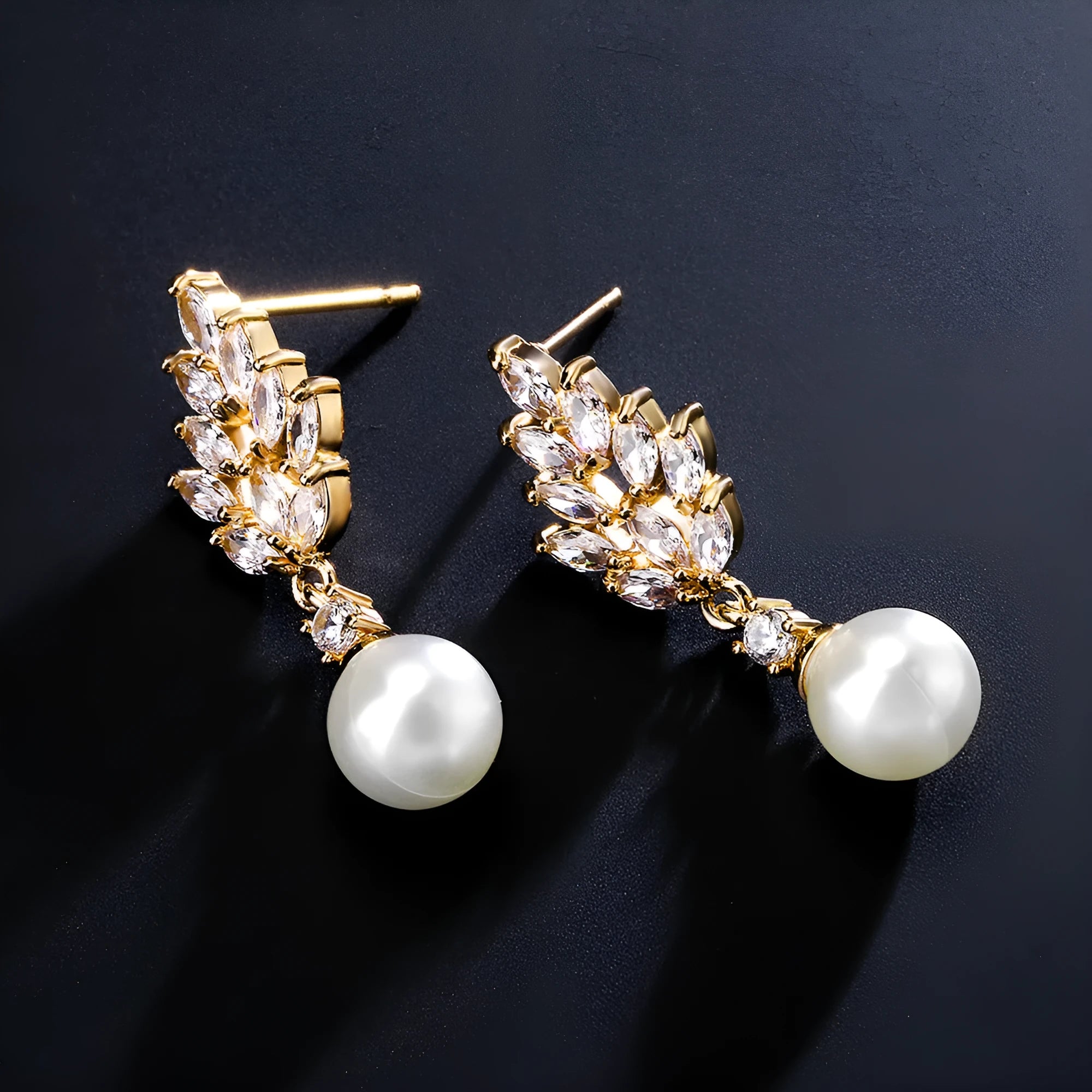 Geometric pearl earrings with micro inlaid zircon stones in gold plating
