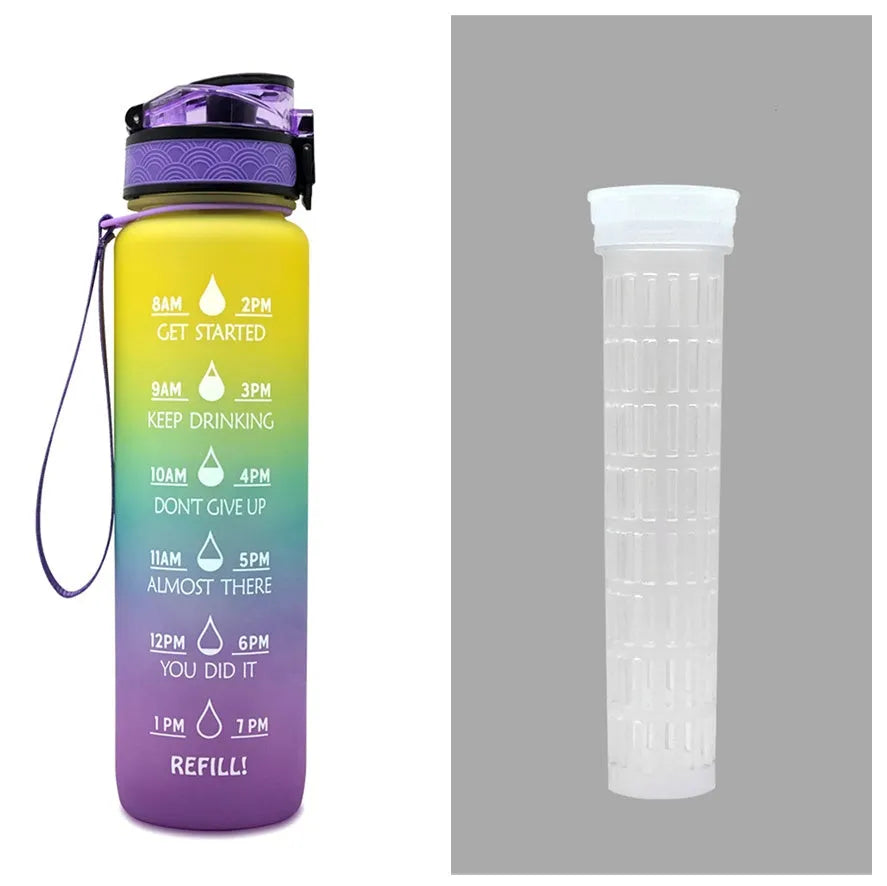 1L Tritan sports water bottle with time markers and flip-top lid in blue-red gradient colour
