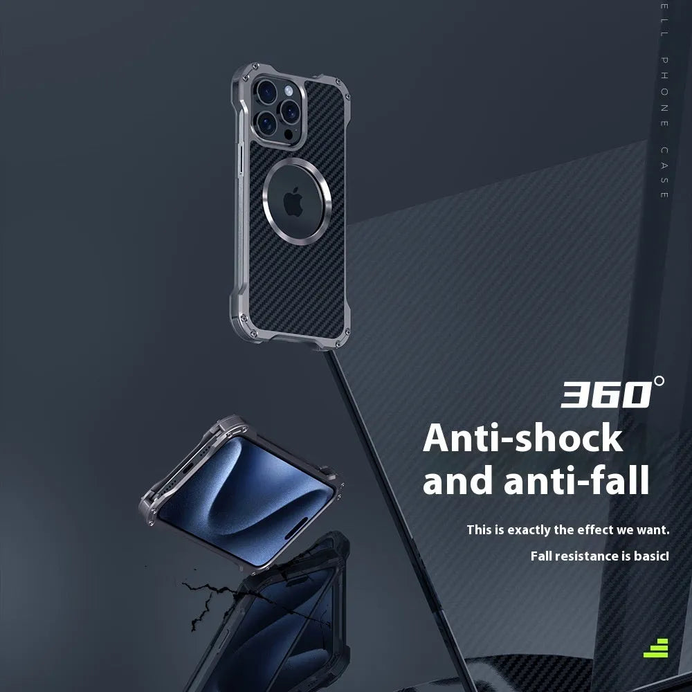 Metal phone case with breathable hollow back and magnetic suction for iPhone