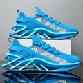 Men's fly woven mesh casual sports shoes in black, blue, red, and white colour options