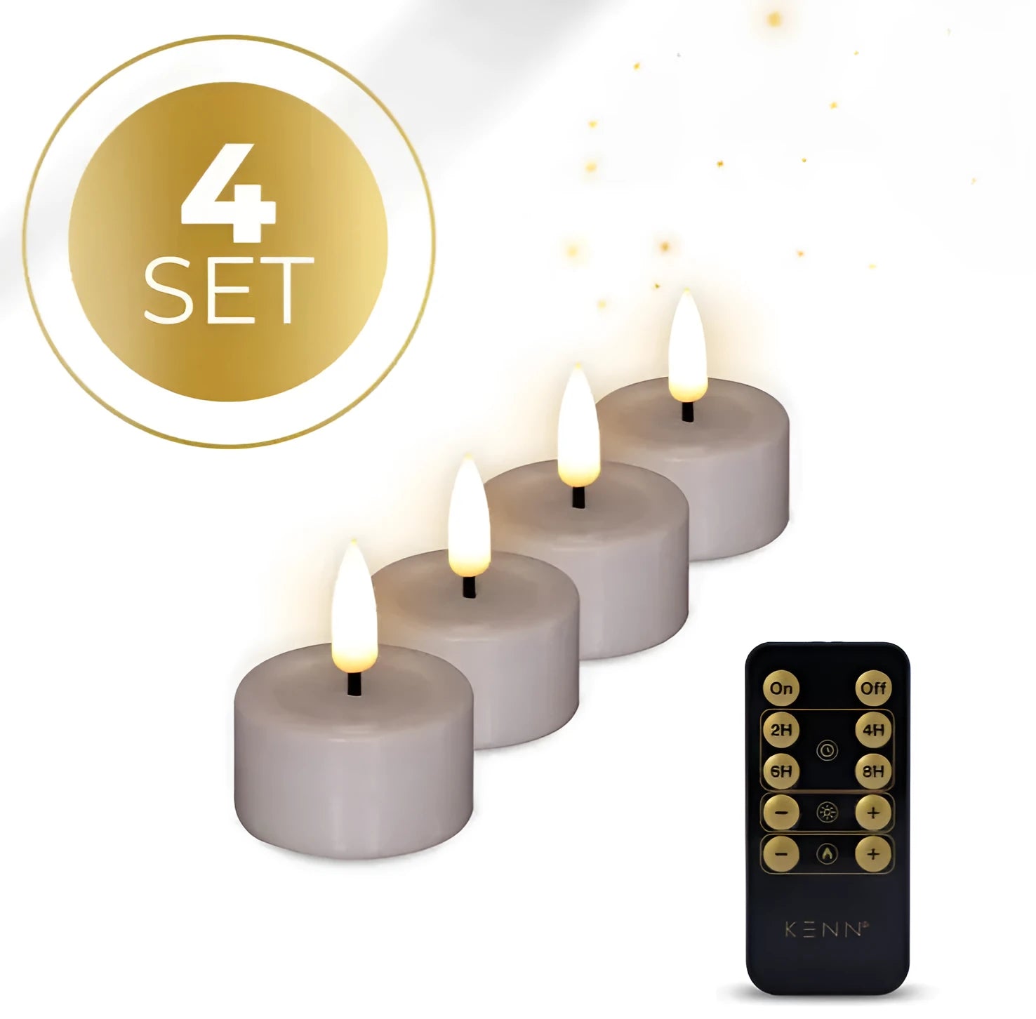 Four taupe-coloured S4 LED tealight candles showing their size and flameless flicker effect.