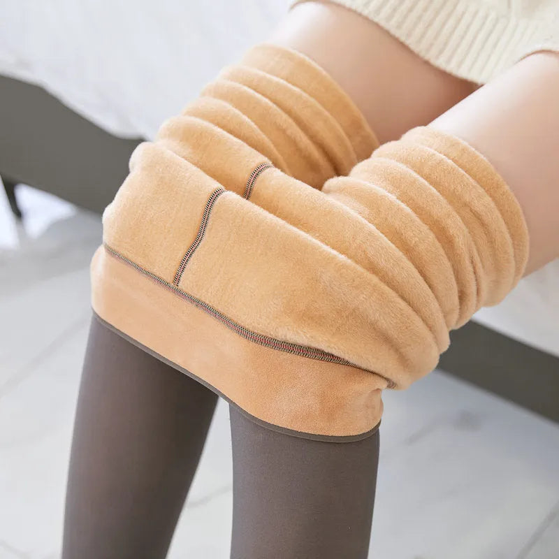Fake translucent fleece lined tights for women, high waist, plus size, three thicknesses, black skin colour with feet