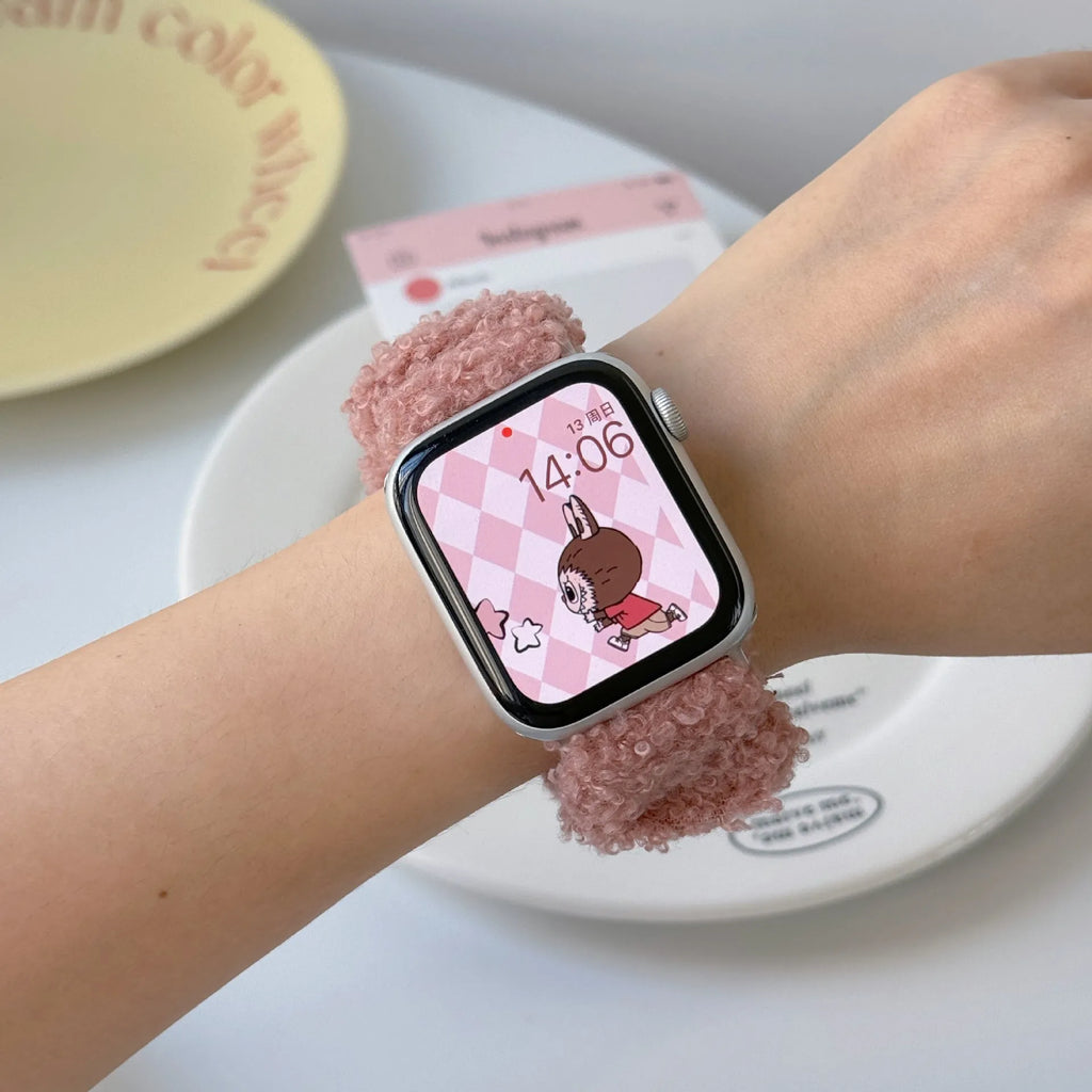 Teddy plush elastic hair ring watch strap for Apple Watch 38mm to 49mm in brown, rose pink, and white