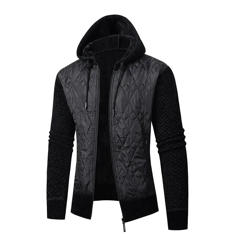 Men's grey hooded sweater coat cardigan with corduroy texture, cinched waist.