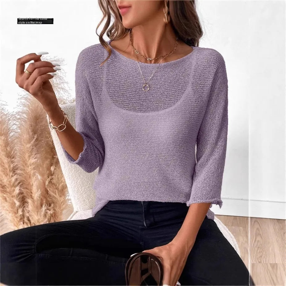 Women's thin knitted off-the-shoulder pullover top in light blue with a 3D pattern.
