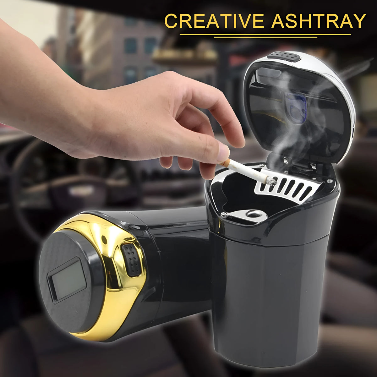 Portable solar rechargeable car ashtray with LED light, gold, detachable cover, stainless steel liner, 12.5x8x6 cm