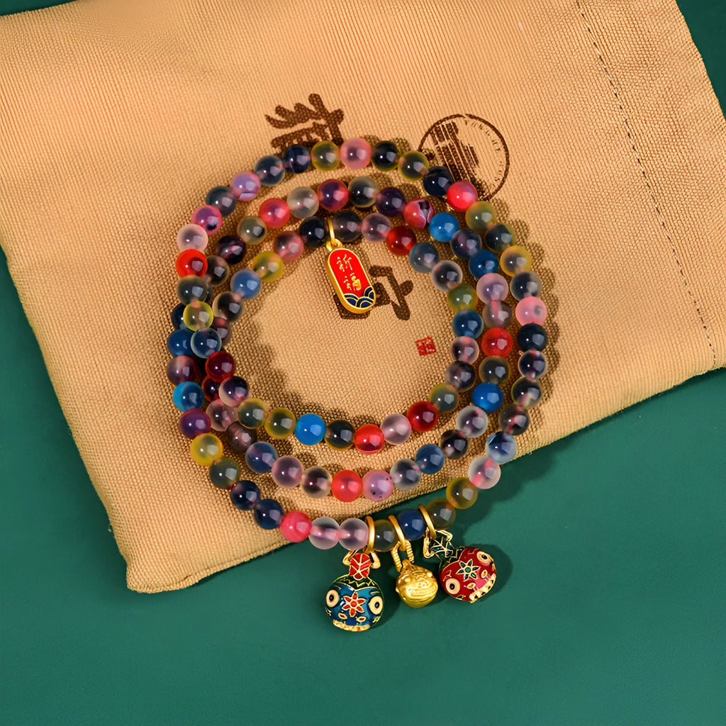 Dzogchen agate bracelet with gray glaze and gold beast decorative elements