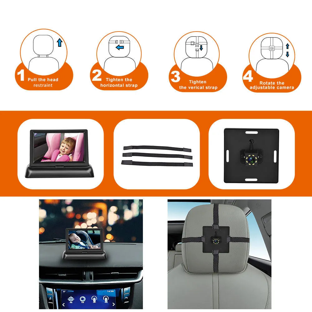 Black 4.3-inch folding screen car baby monitor with rear view camera on vehicle dashboard