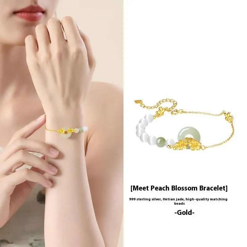 Women's pure silver safety buckle bracelet with peach blossom flower design in new Chinese style
