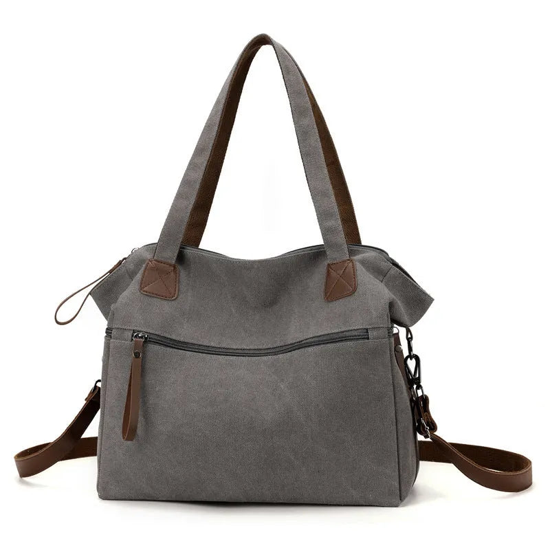 Horizontal square retro canvas bag for women in gray, black, brown, or khaki with internal organisation pockets
