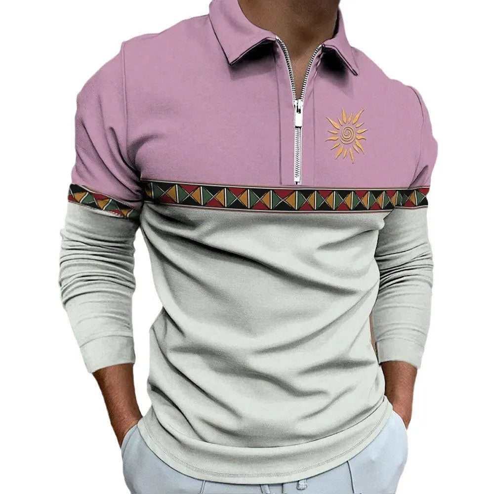 Men's retro striped print long sleeve golf T-shirt with zipper decoration on polyester fabric