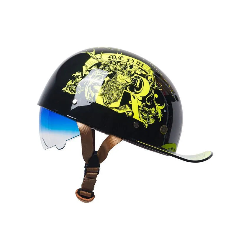 Men's retro half helmet for electric bicycles in bright black with a gradient blue tinted lens.