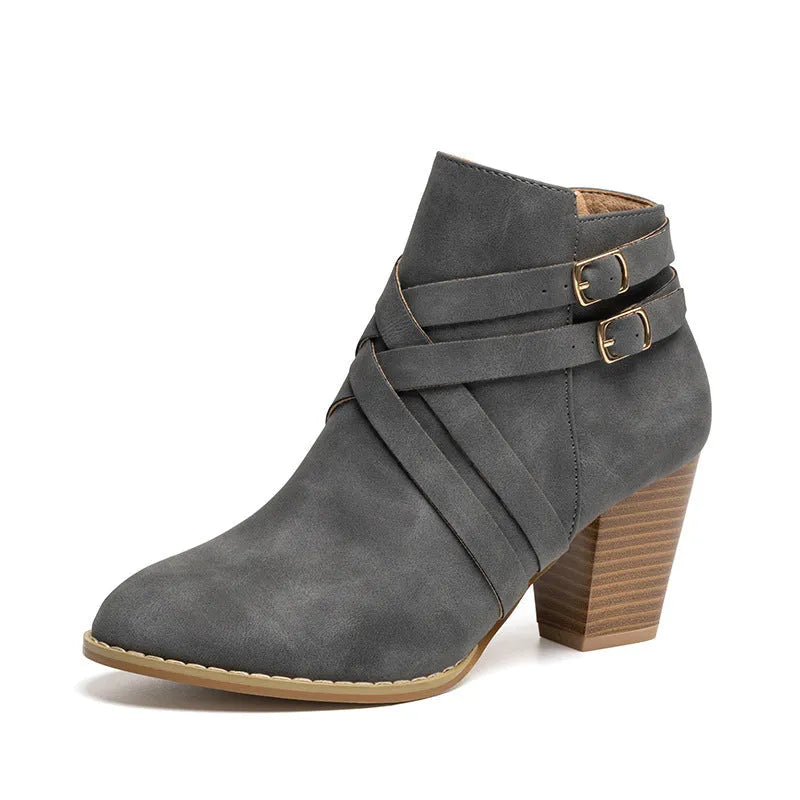 Grey women's plus size short ankle boots with a 7cm chunky heel and side zipper.