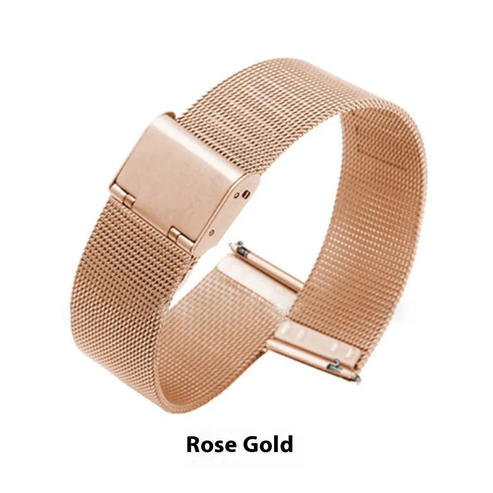 Milani silk woven stainless steel watch band in silver, black, rose gold, and gold colours showing six bandwidth sizes from 12mm to 22mm