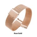 Milani silk woven stainless steel watch band in silver, black, rose gold, and gold colours showing six bandwidth sizes from 12mm to 22mm