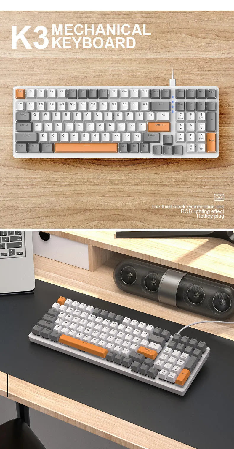 Wired mechanical keyboard with 100 ABS keys, USB cable, compact design, available in Bee colour