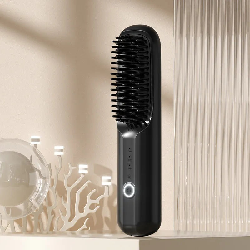 Beige wireless ionic hair straightening comb with Type-C charging port