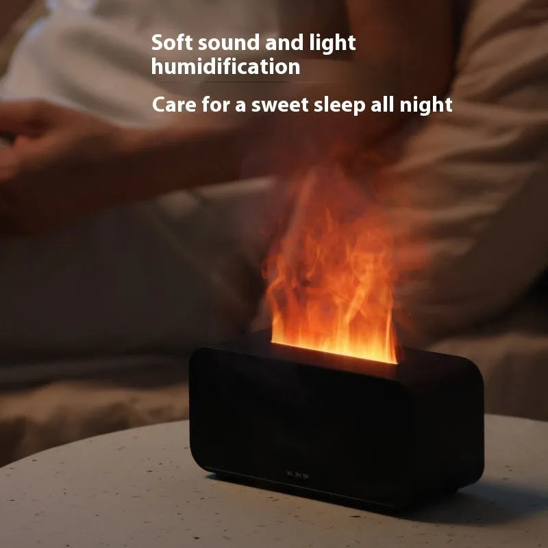 White USB aroma diffuser with simulated flame lighting effect on wooden surface