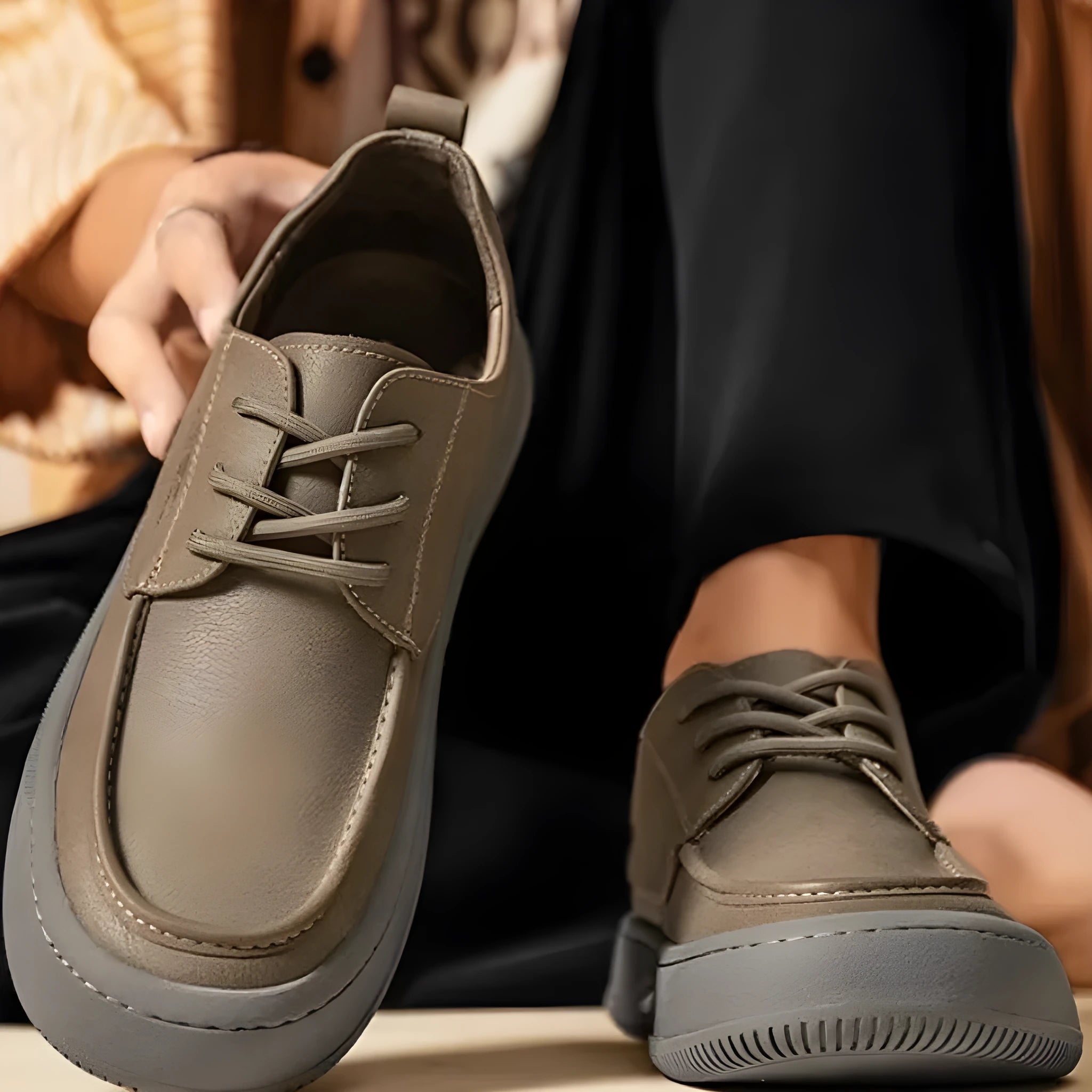 Men's brown retro-style leather casual shoes with a big toe design and visible stitching.