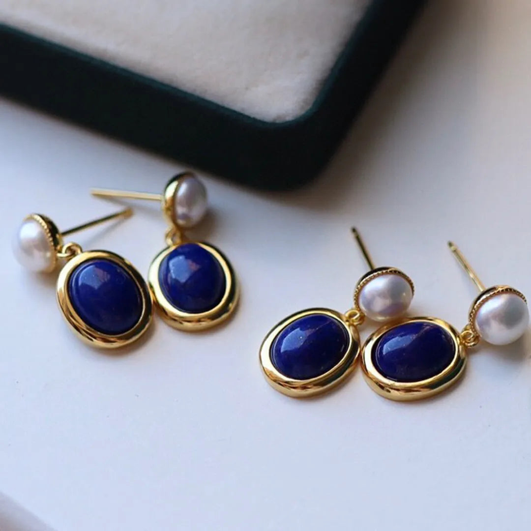 Lapis lazuli pearl stud earrings in 925 silver with auspicious pattern detailing