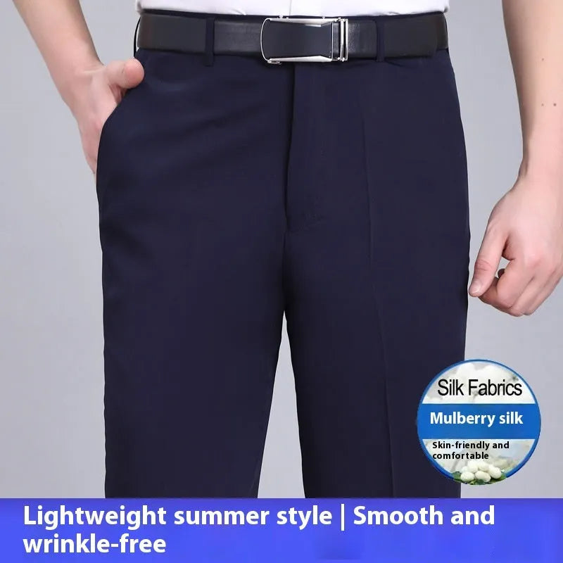 Men's mulberry silk blend straight-leg business trousers with high waist in dark blue colour