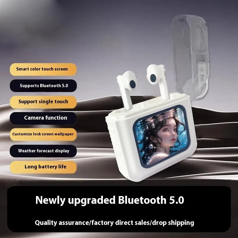 Grey and white active noise reduction Bluetooth headset with colour screen display