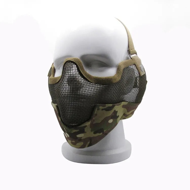 Carbon steel face protection mask in a head-mounted design on a mannequin head.