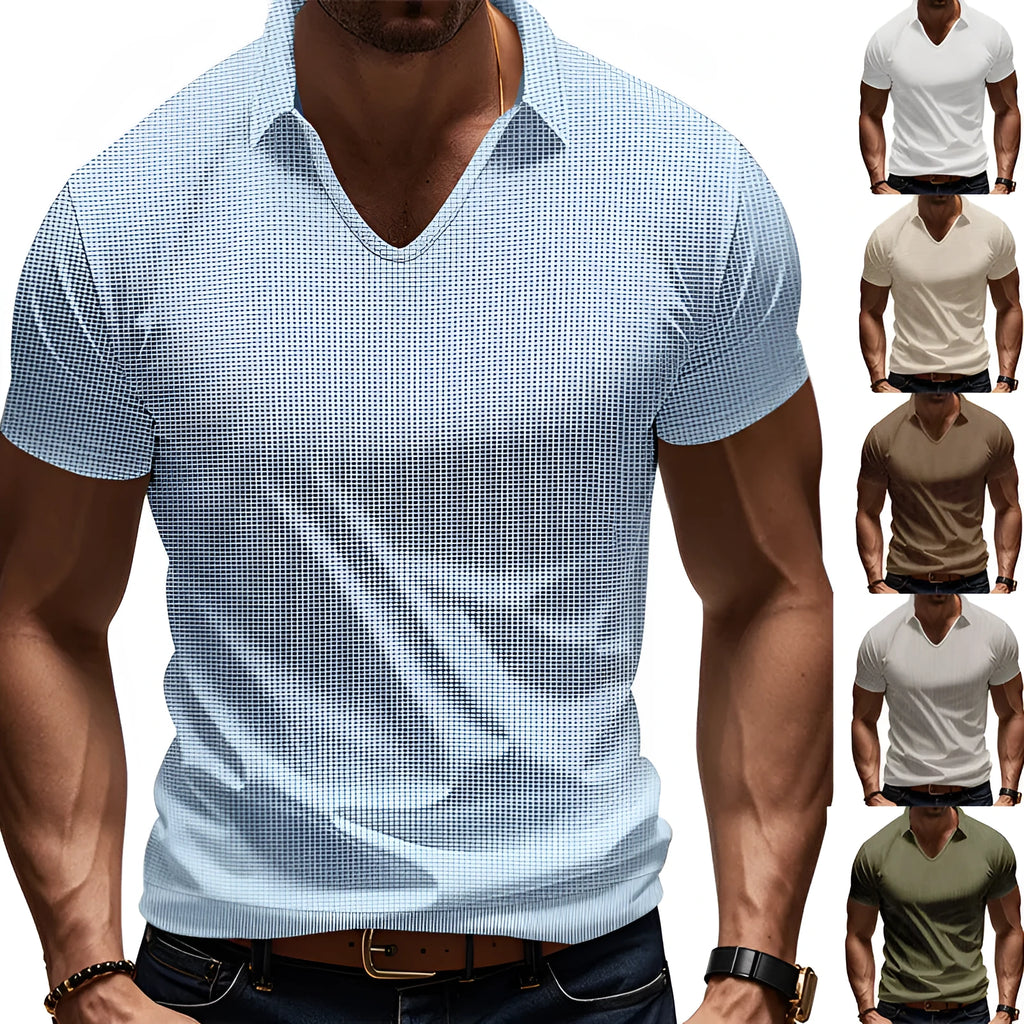 Men's loose fit solid colour V-neck short sleeve t-shirt on a hanger.