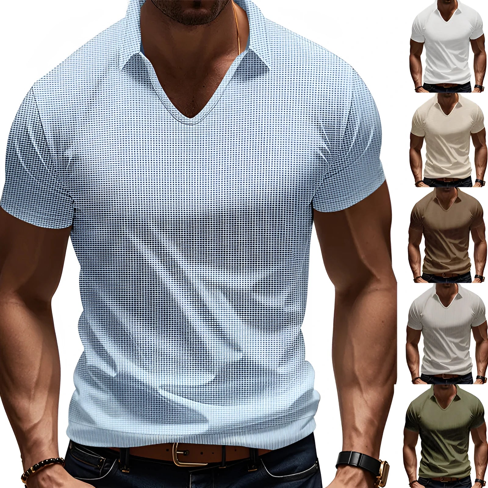 Men's loose fit solid colour V-neck short sleeve t-shirt on a hanger.