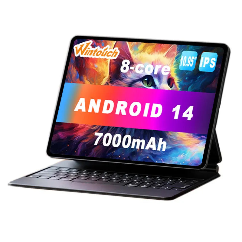 10-inch business tablet in bare metal blue with leather keyboard case open showing keyboard and screen