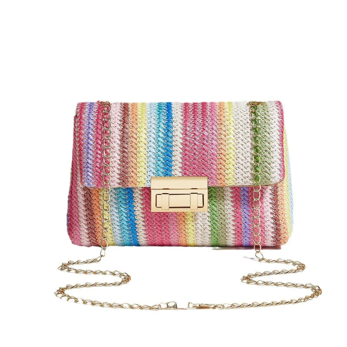 Women's soft straw cross-body bag in horizontal square shape with mobile phone compartment