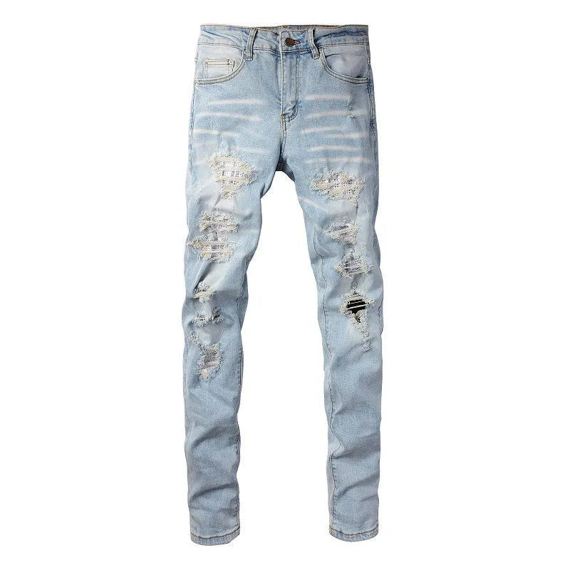 Light blue slim fit stretch jeans for men with hot diamond patch and cat-whisker details