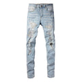 Light blue slim fit stretch jeans for men with hot diamond patch and cat-whisker details