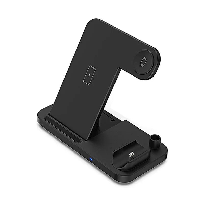 Black four-in-one wireless charging pad with QC3.0 power adapter for multiple phones.