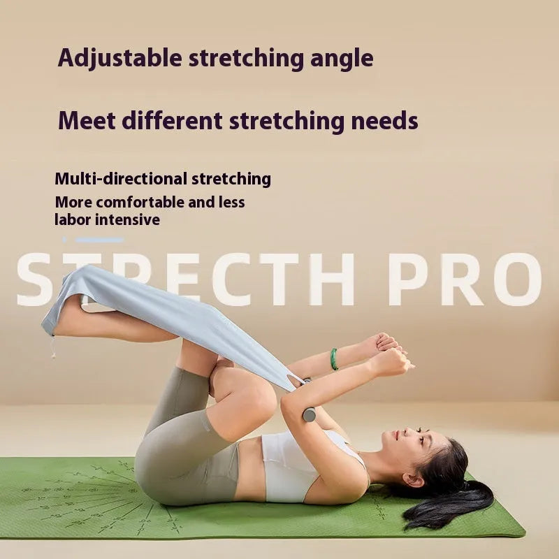 Grey and pink yoga stretching tool for shoulder, back, and hip flexibility training.