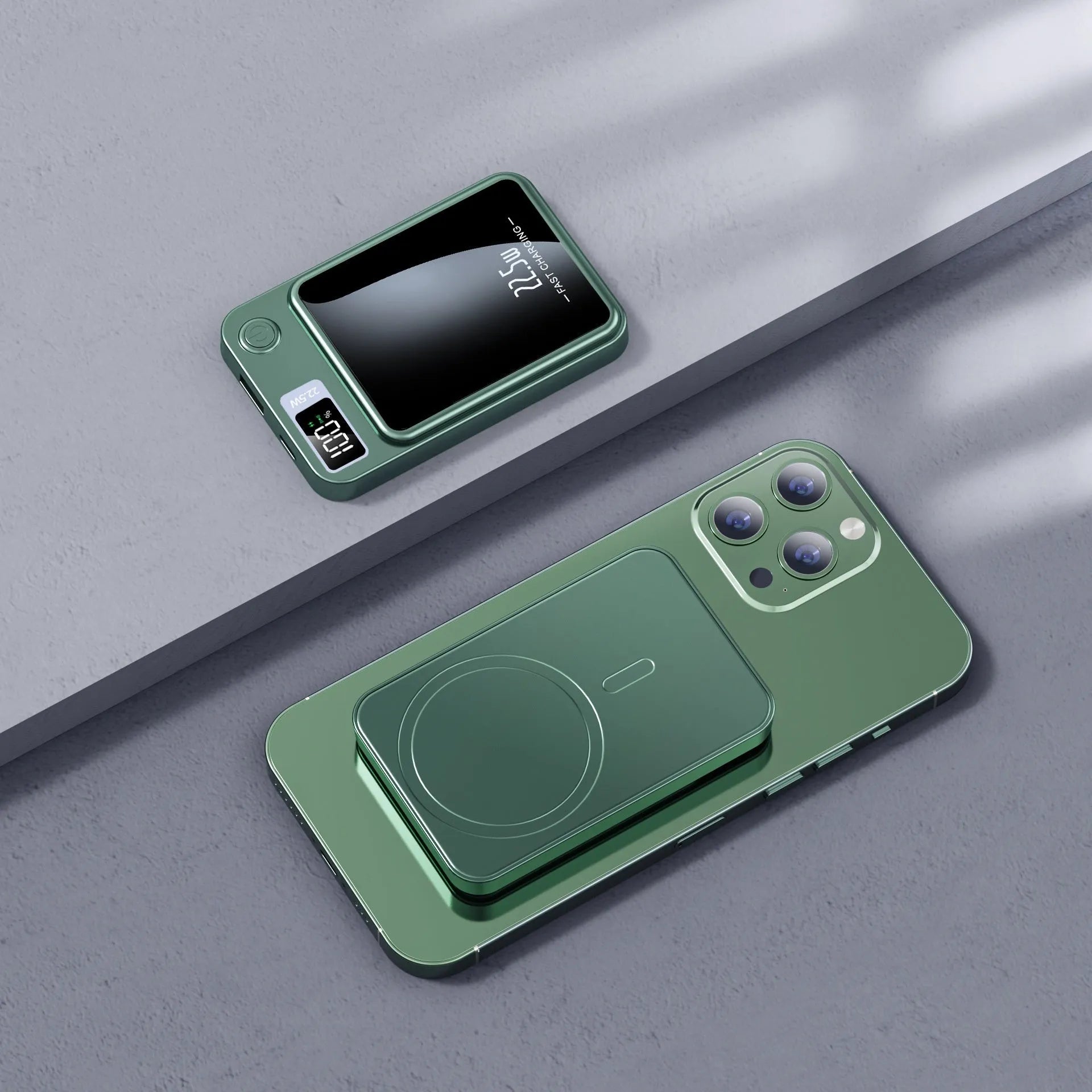 Wireless MagSafe power bank in four colours with compact dimensions and industrial design
