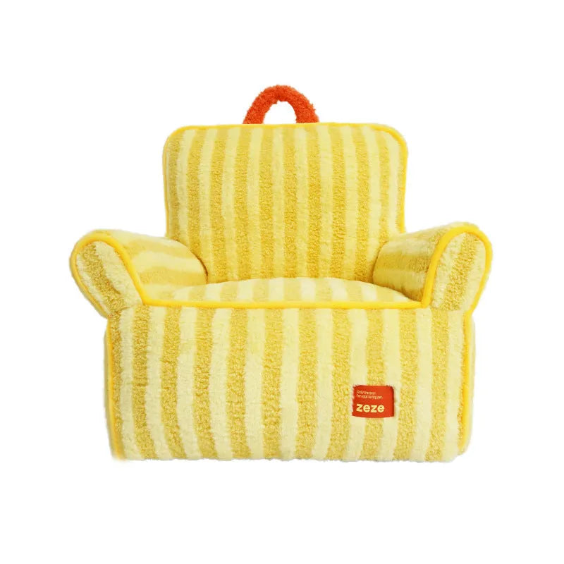 Striped orange plush fabric pet bed with a removable cover, shown in a home setting.