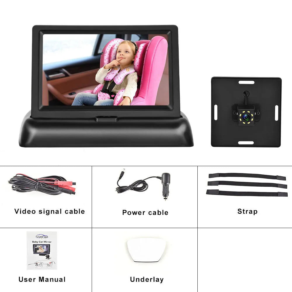 Black 4.3-inch folding screen car baby monitor with rear view camera on vehicle dashboard